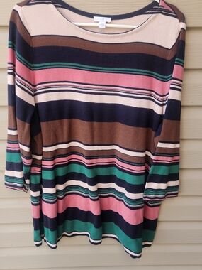 J. Jill Striped Navy, Pink, Green & Brown Quarter Sleeve Top Casual Cotton Summe